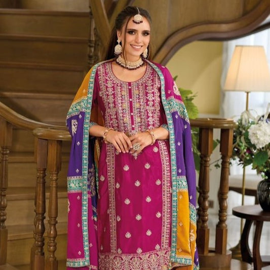 Pink Sequence Embroidered Bridal Wear Pant Style Silk Suits