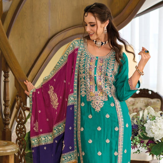 Turquoise Sequence Embroidered Bridal Wear Pant Style Silk Suits