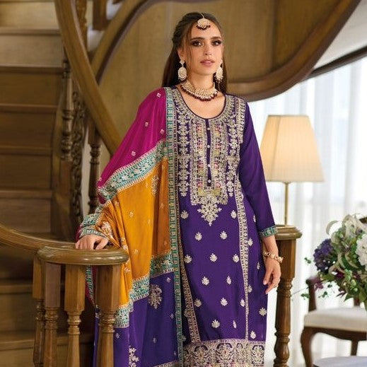 Purple Sequence Embroidered Bridal Wear Pant Style Silk Suits