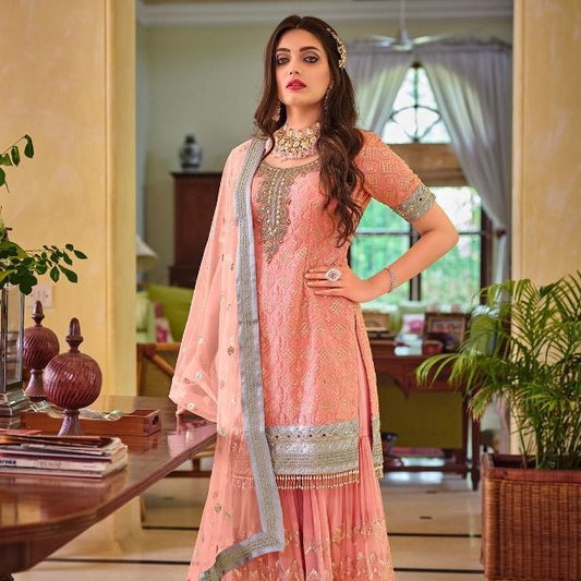 Peach Embellished With Embroidered Georgette Sharara Suits