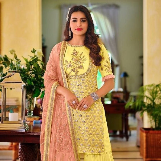 Embellished With Embroidered Georgette Yellow Sharara Suit