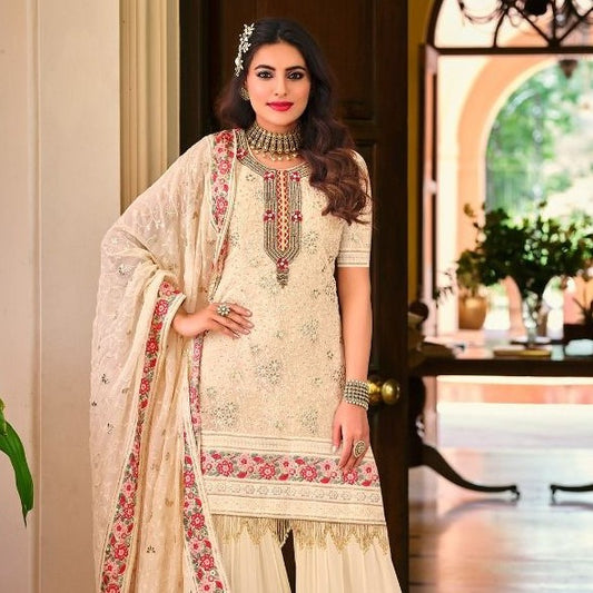 Off White Embellished Embroidered Wedding Sharara Suits