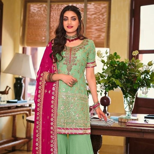 Green And Pink Golden Embroidered Wedding Sharara Suit