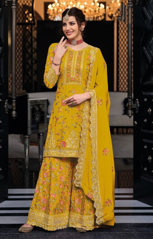 Yellow Indian Wedding Wear Heavy Embroidered Designer Palazzo Suit