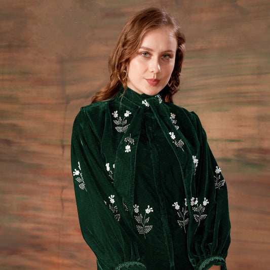 Demanding Green Colored Designer Handwork Style Velvet Tunic