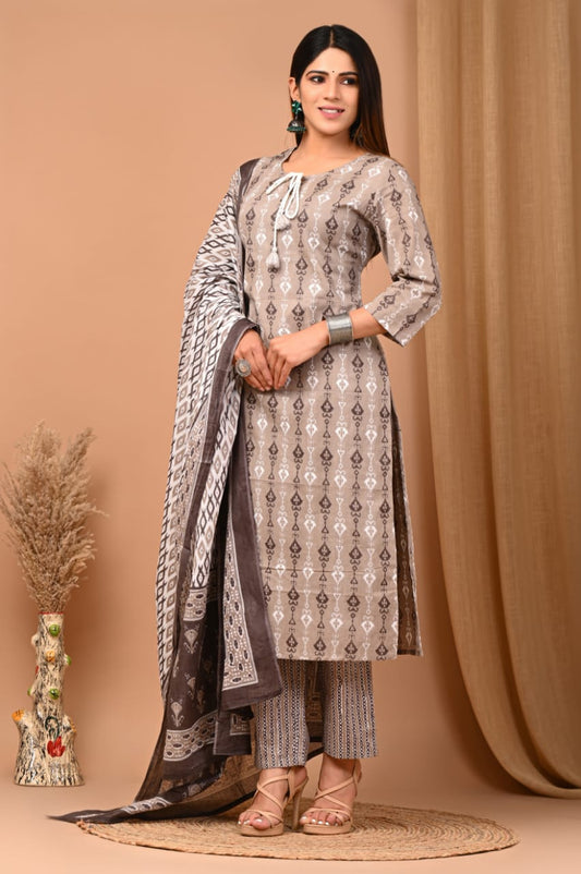 Grey Bagru Hand block Printed Designer Cotton Suit
