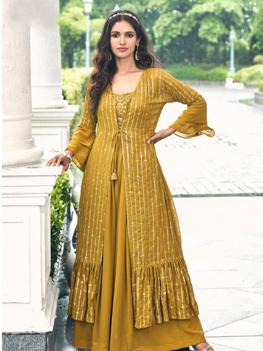 Party Wear Heavy Sequins Embroidered Readymade Designer Jacket Style Palazzo Suit Mustard Color