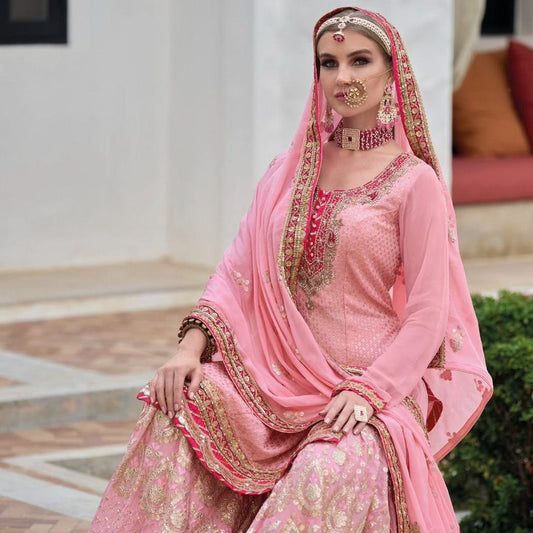 Punjabi Bridal Pink Georgette Heavy Embroidery Gharara Salwar Suit