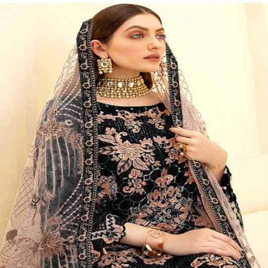 Black Color Pakistani Suit With Velvet Embroidery