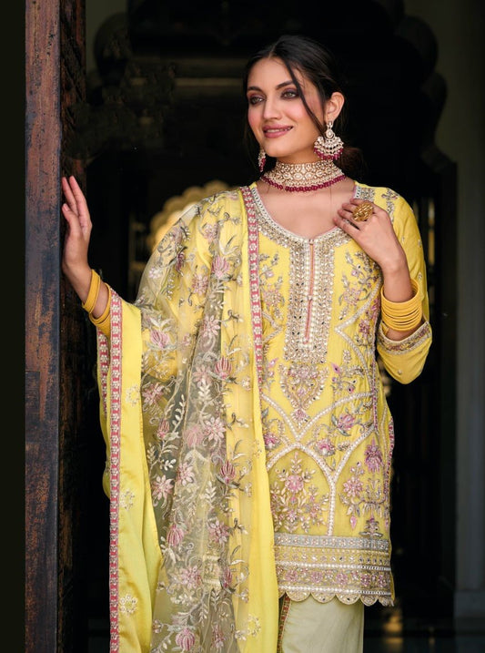 Yellow Chinon Embroidered Dhoti Style Readymade Salwar Suit