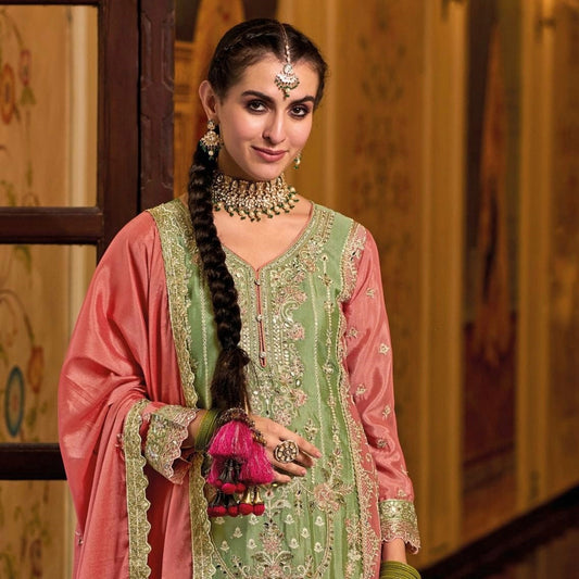 Palazzo Style Green Real Chinon Embroidered Festive Suit