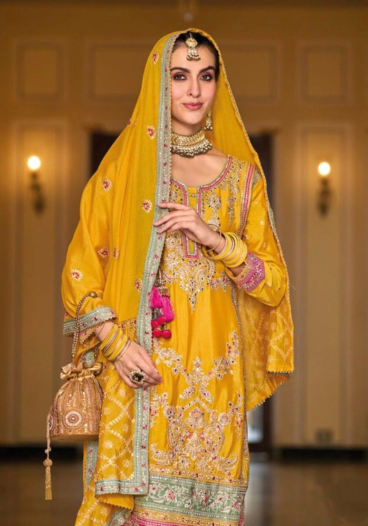 Palazzo Style Chinon Yellow Embroidered Festive Suit