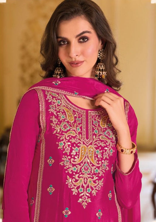 Pink Floral Embroidered Premium Silk Suit