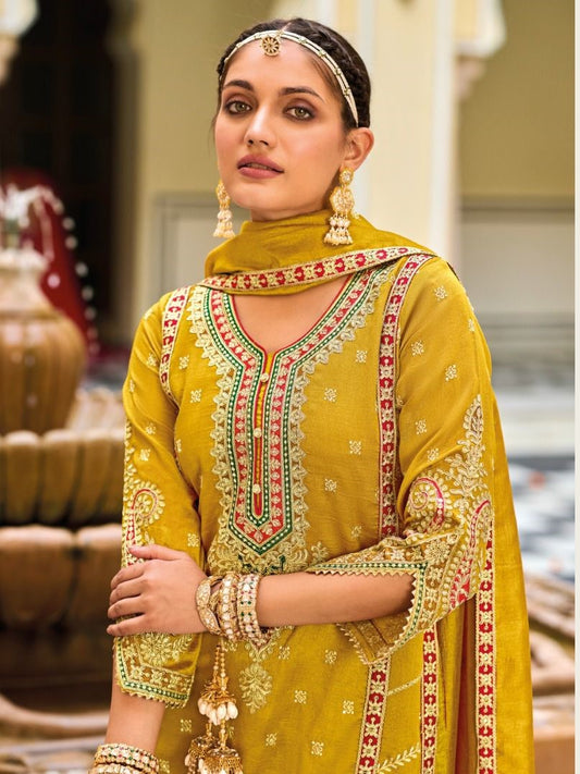 Mustard Colored Wedding Wear Heavy Embroidered Dhoti Style Readymade Patiala Suit