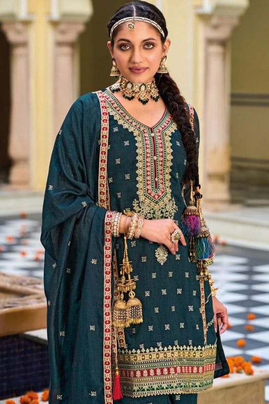 Teal Colored Wedding Wear Heavy Embroidered Dhoti Style Readymade Patiala Suit