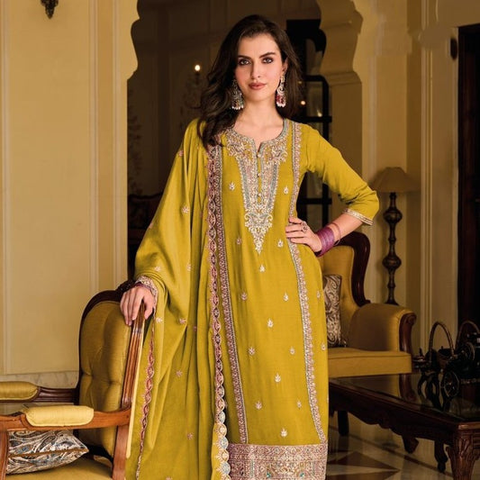 Yellow Color Festive Look Alluring Chinon Readymade Salwar Suit