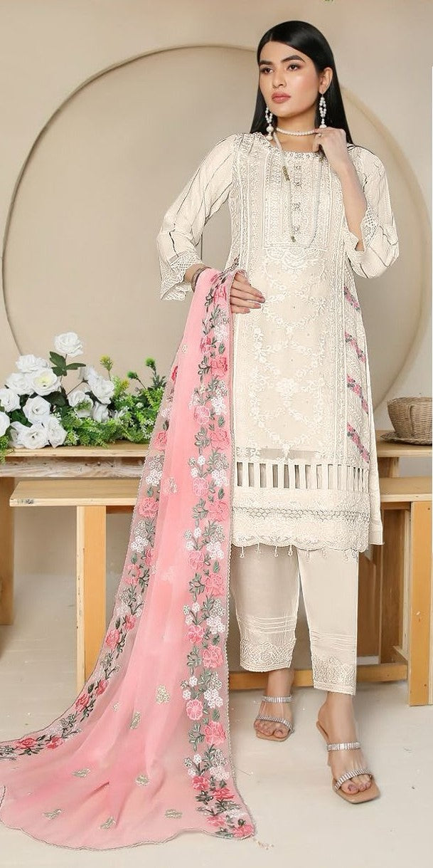 White Festive Wear Embroidered Georgette Pakistani Suit