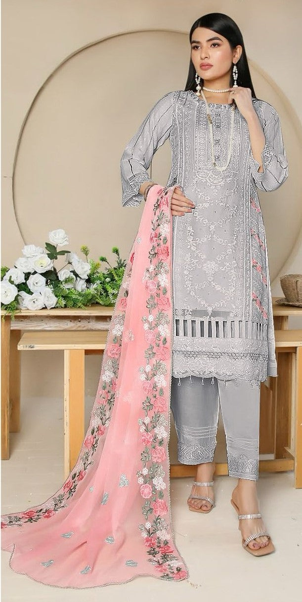 Grey Festive Wear Embroidered Georgette Pakistani Suit