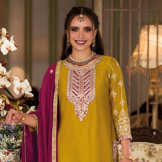 Mustard Yellow Silk Embroidered Readymade Salwar Suit For Traditional Wedding Haldi Special