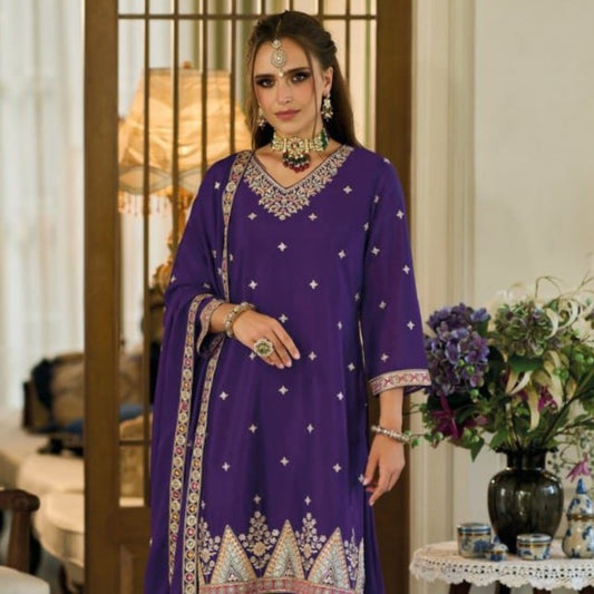 Phenomenal Purple Chinon Embroidered Readymade Palazzo Suit