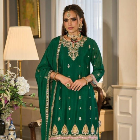 Green Chinon Embroidered Ceremonial Readymade Designer Palazzo Suit