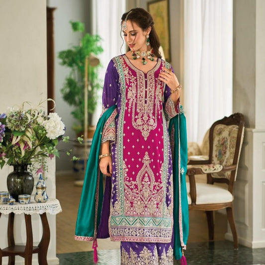 Pink Color Silk Embroidered Wedding Wear Palazzo Suit