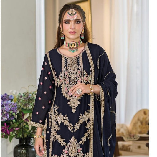Blue Mirror Sequins Embroidered Designer Dhoti Style Punjabi Suit