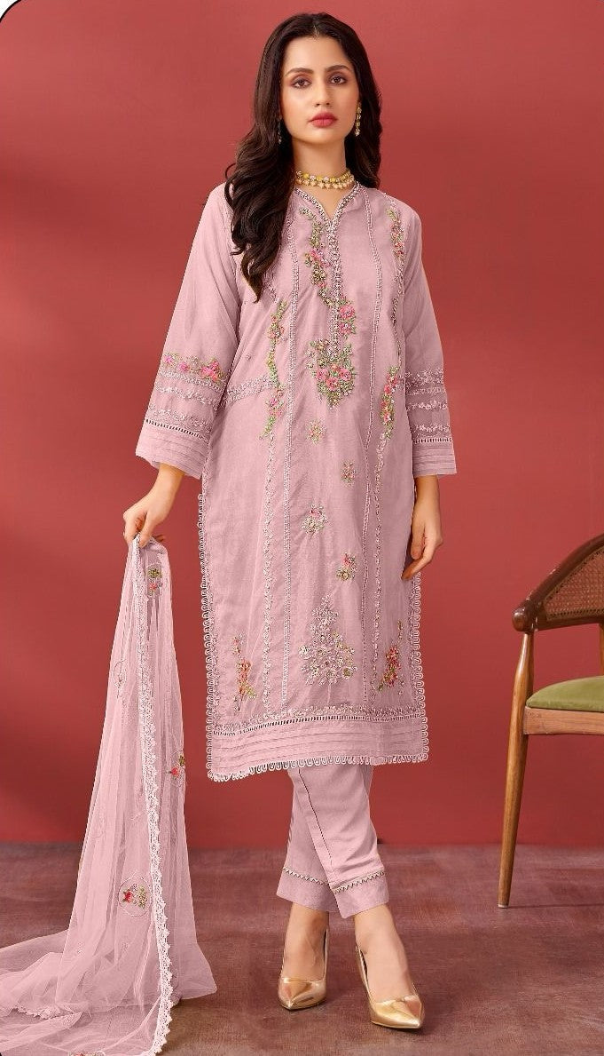 Pink Color Hand Work Embroidery Festive Wear Trouser Suit