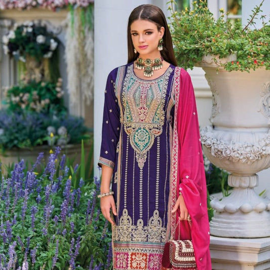 Attractive Blue Silk Embroidered Pant Suits For Women