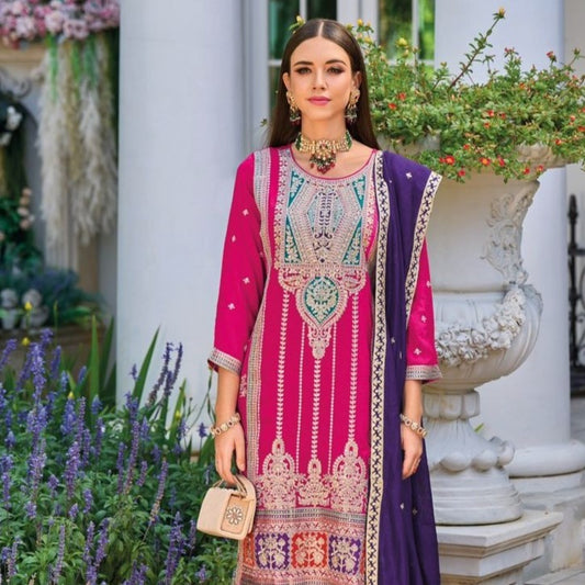 pink Wedding Wear Silk Embroidered Pant Suits For Women