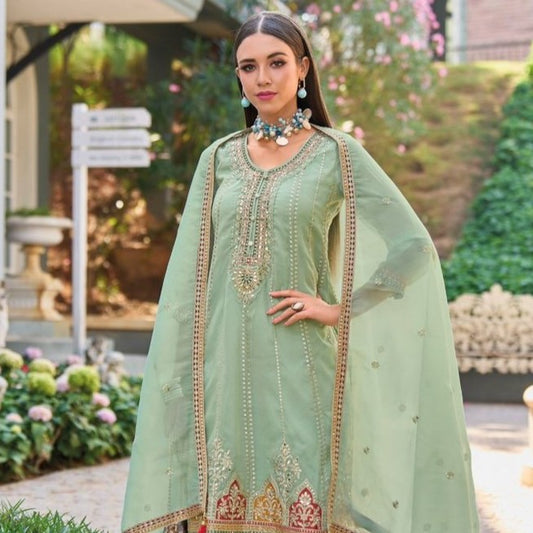 Pistachio Green Heavy Designer Work Traditional Festive Special Dhoti Style Punjabi Suit
