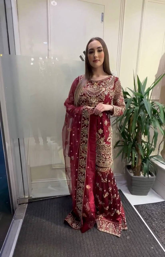 Pakistani Bridal Dress In Kameez And Gharara Style Red Color