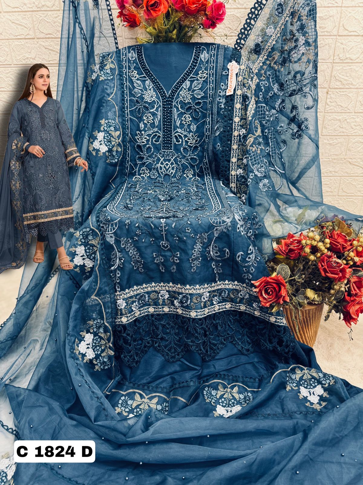 Navy Blue Aplique Embroidered Pakistani Bridal Wear Party Wear Pakistani Organza Suit