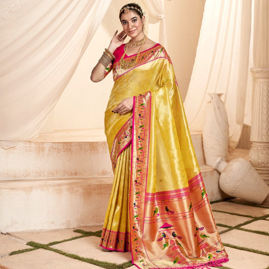 Yellow Jacquard Wedding Wear Paithani Silk Saree