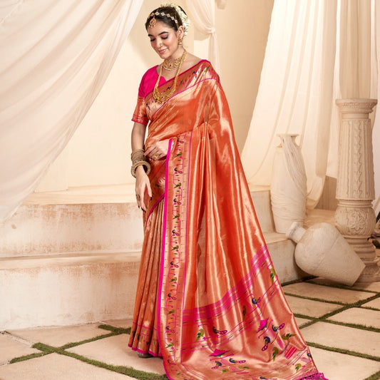 Orange Jacquard Wedding Wear Paithani Silk Saree