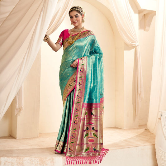 Turquoise Jacquard Wedding Wear Paithani Silk Saree