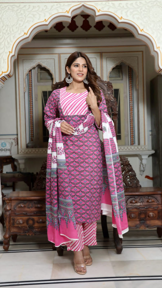 Pink Bagru Hand block Printed Designer Cotton Suit