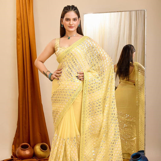 Yellow Heavy Sequence Saree Pure Georgette Fabric Sarees