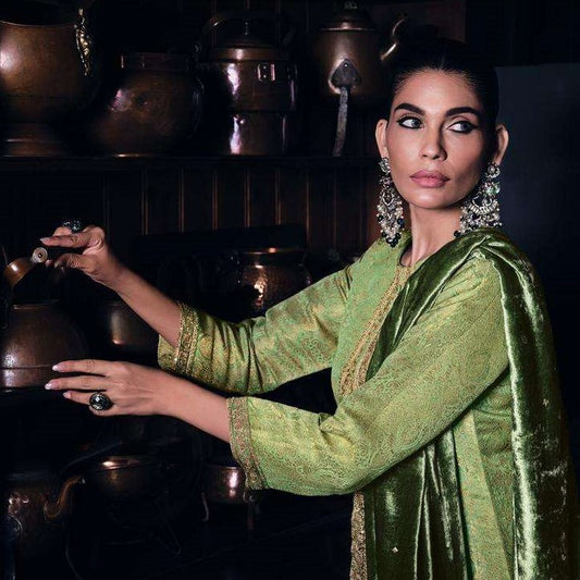 Golden Green Khinkhab Woven Solid Design Velvet Pakistani Salwar Kameez