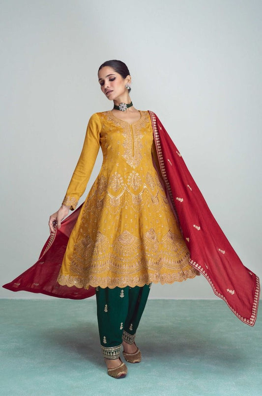 Yellow & Green Silk Embroidered Peplum Punjabi Style Suit