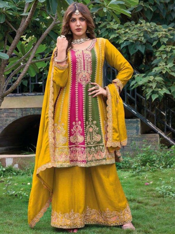 Yellow Colored Heavy Sequins Embroidered Peplum Suit