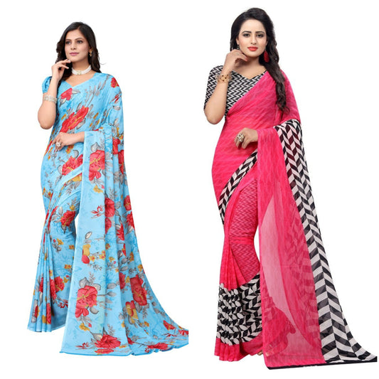Blue And Multicolored Party Wear Zigzag Printed Georgette Saree Combo  Pack Of -2