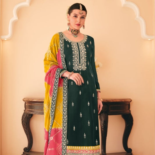 Bottle Green Chinon Embroidery Trouser Kameez Suit