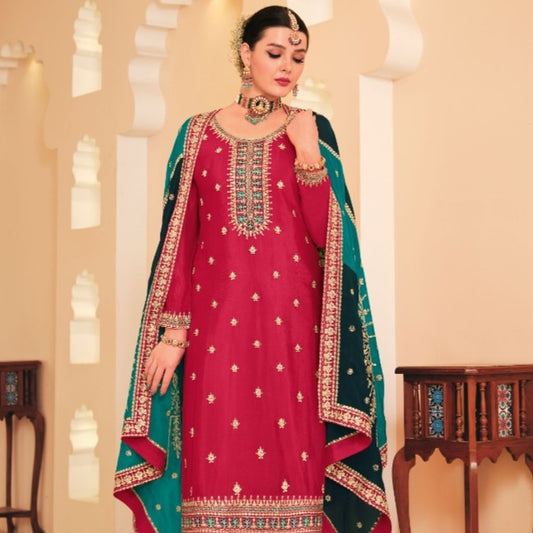 Red Festive Wear Chinon Embroidery Trouser Kameez Suit