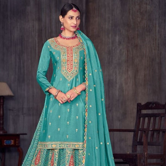 Turquoise Heavy Embroidered Lehanga Suits For Wedding