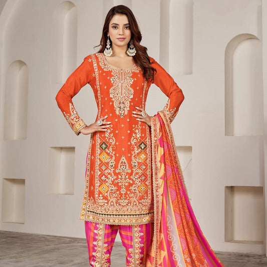 Orange Mirror Work Embroidered Wedding Wear Punjabi Suit
