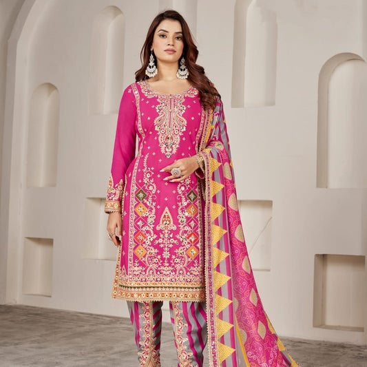 Pink Mirror Work Embroidered Wedding Wear Punjabi Suit