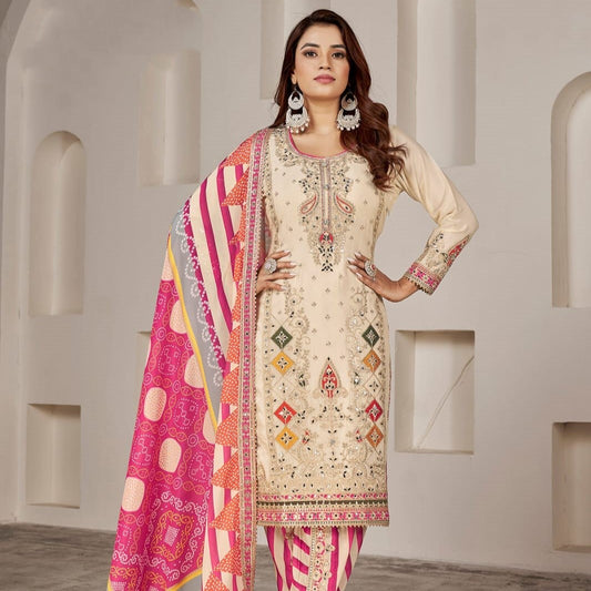 Cream For Engagement Mirror Work Embroidered Wedding Wear Punjabi Suit