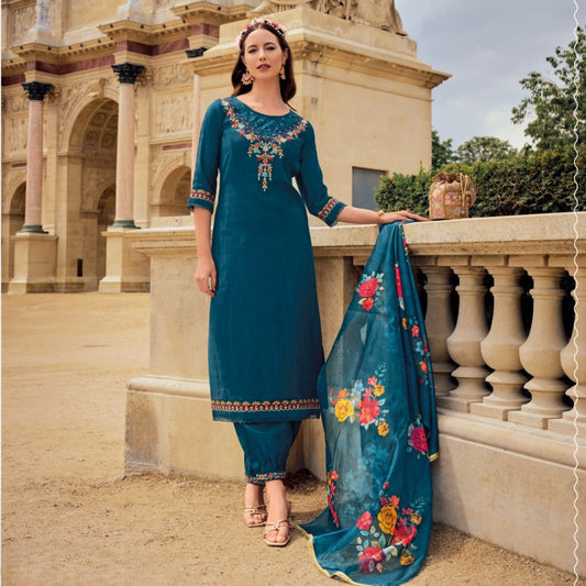 Blue Viscose Silk Handwork Embroidered Festive Wear Designer Afghani Salwar Suit