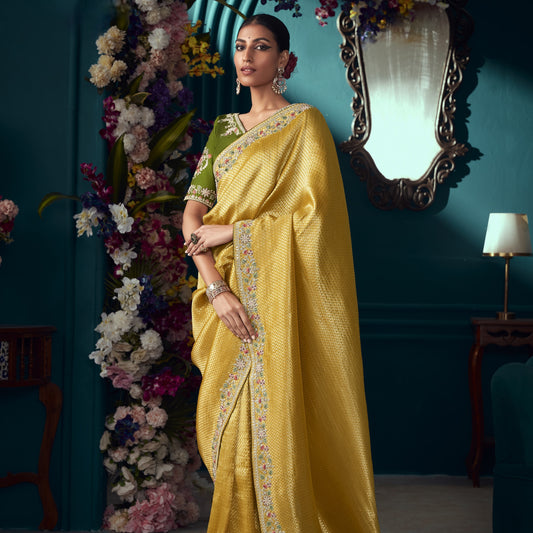 Golden Yellow Heavy Embroidered Wedding Wear Banarasi Kanjivaram Silk Saree